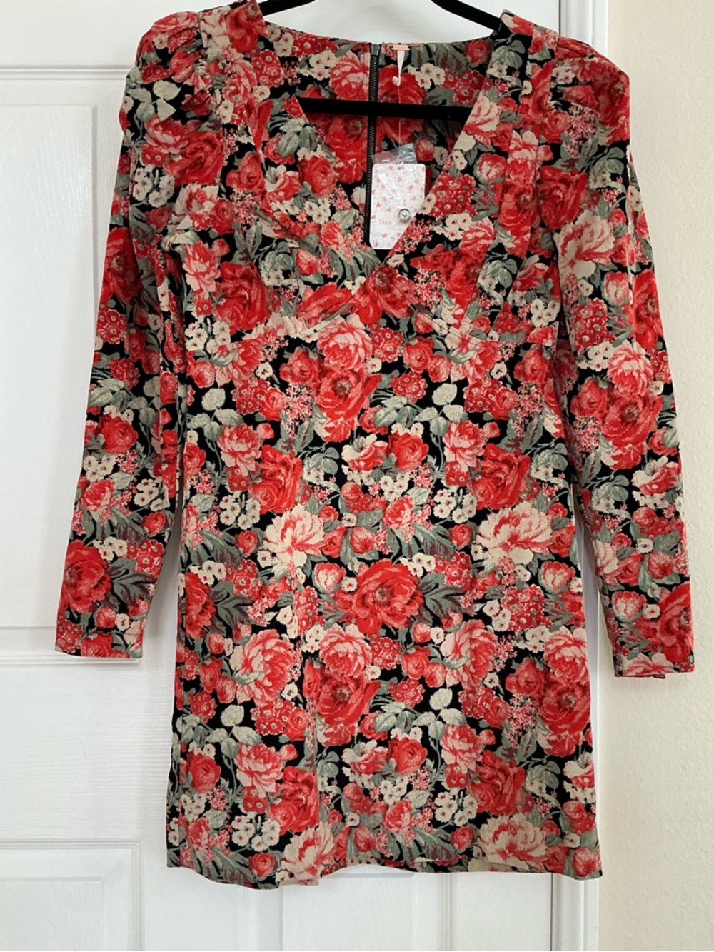 Free People Black Floral V-Neck Tunic with Red Rose Print